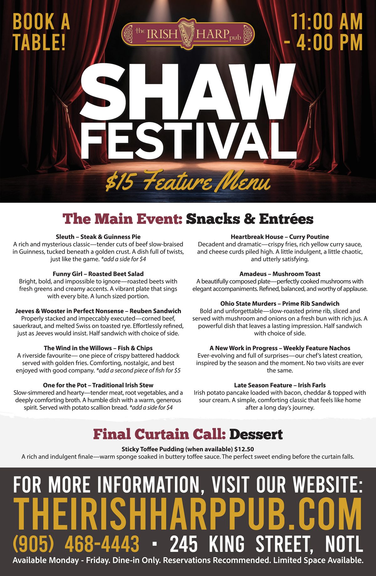Shaw Festival Lunch Menu at The Irish Harp Pub in Niagara-on-the-Lake