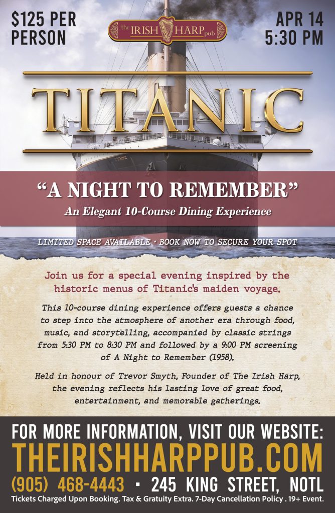 Vintage-style event poster for Titanic – A Night To Remember at The Irish Harp Pub on April 14, featuring a Titanic-inspired 10-course dinner, live strings, and a screening of A Night to Remember (1958) in honour of Trevor Smyth.